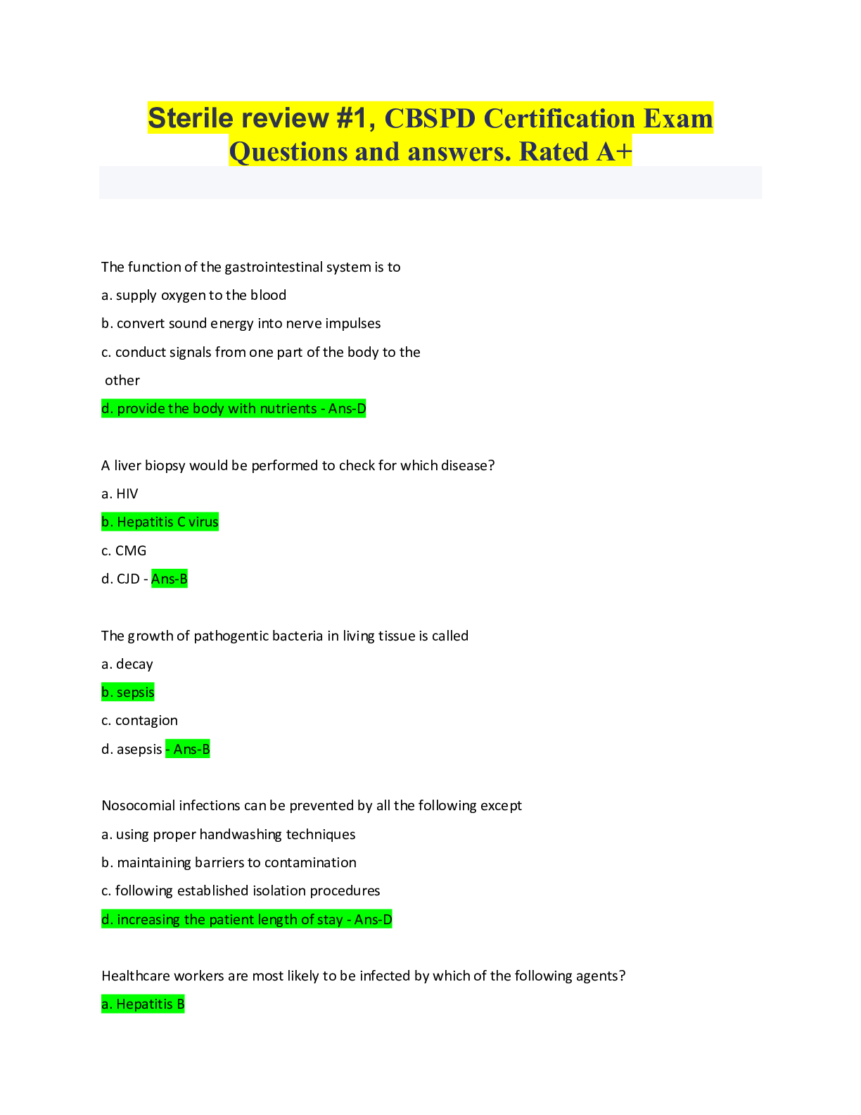 Sterile review 1, CBSPD Certification Exam Questions and answers. Rated A+ Browsegrades